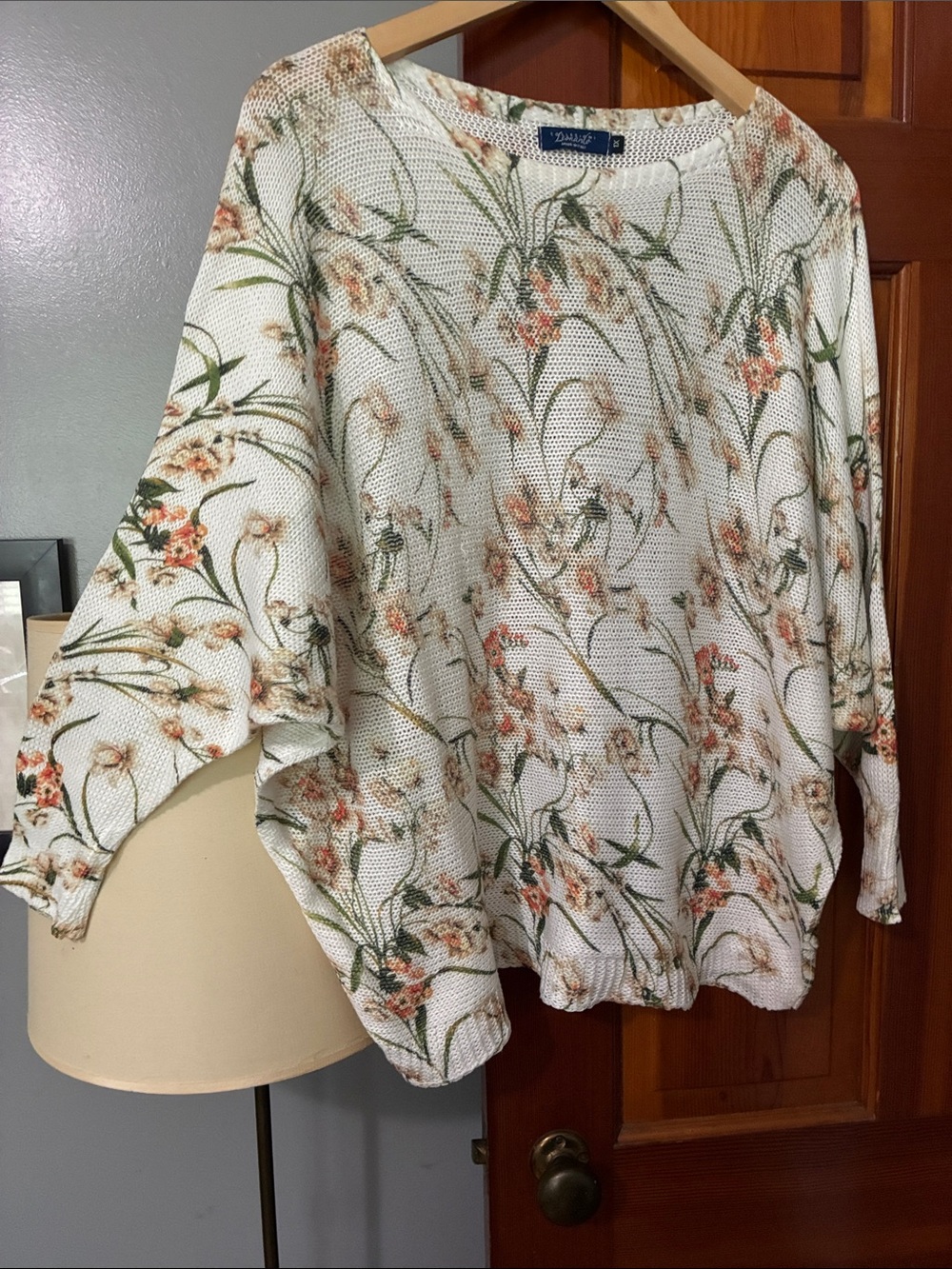 Dolman Floral Pullover Sweater - Cream with Peach Floral Print